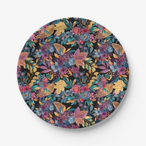 Mixed Fall Floral Leaves Berry Watercolor Pattern Paper Plates