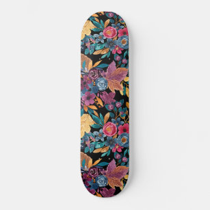 Mixed Fall Floral Leaves Berry Watercolor Pattern Skateboard