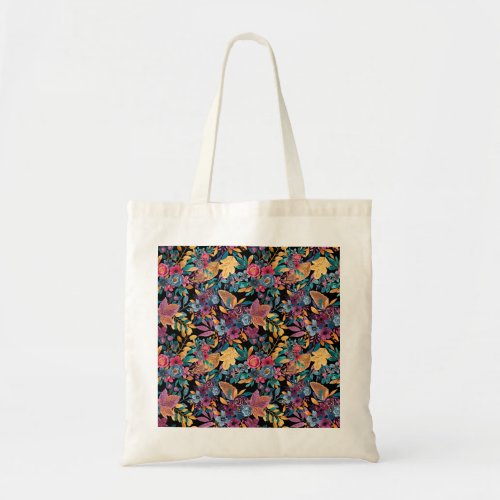 Mixed Fall Floral Leaves Berry Watercolor Pattern Tote Bag