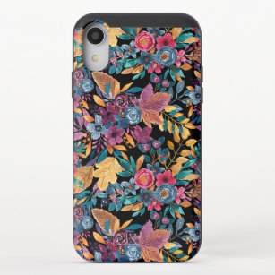 Mixed Fall Floral Leaves Berry Watercolor Pattern iPhone XR Slider Case