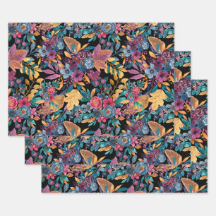 Mixed Fall Floral Leaves Berry Watercolor Pattern Wrapping Paper Sheets