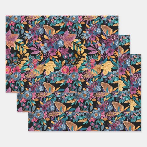 Mixed Fall Floral Leaves Berry Watercolor Pattern Wrapping Paper Sheets