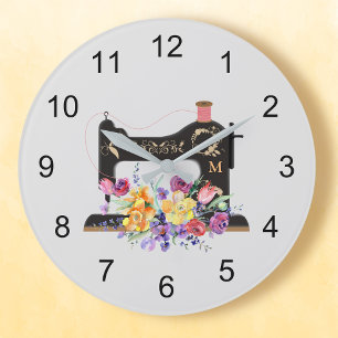 Mixed Floral Vintage Sewing Machine Monogram Large Clock