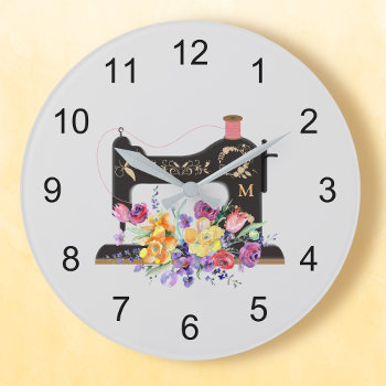 Mixed Floral Vintage Sewing Machine Monogram Large Clock by ClockORama at Zazzle