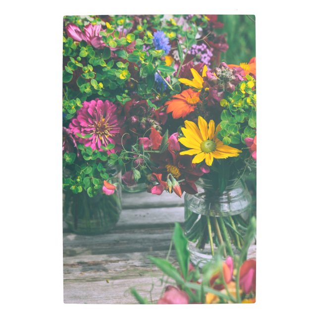 Mixed Flower Bouquet in Glass Jars Metal Print (Front)