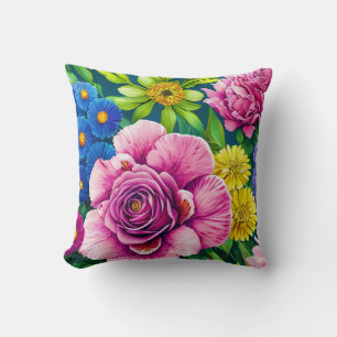 Mixed Flowers, Colorful, Springtime Hawaiian -like Throw Pillow