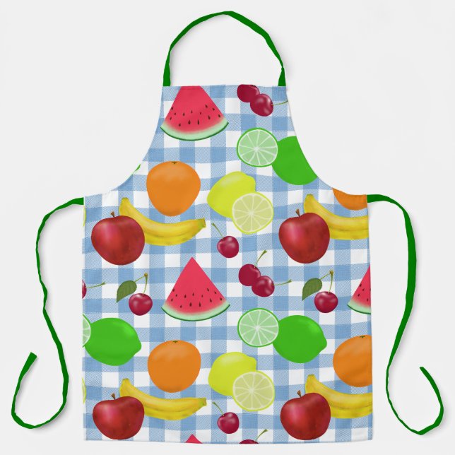 Mixed Fruit Blue and White Check Pattern Cute Apron (Front)