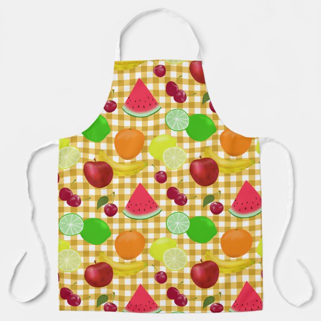 Mixed Fruits Yellow White Gingham Check Apron (Front)