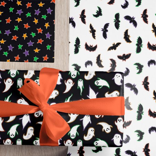 Mixed Halloween Patterns Ghost Bats Stars Wrapping Paper Sheets