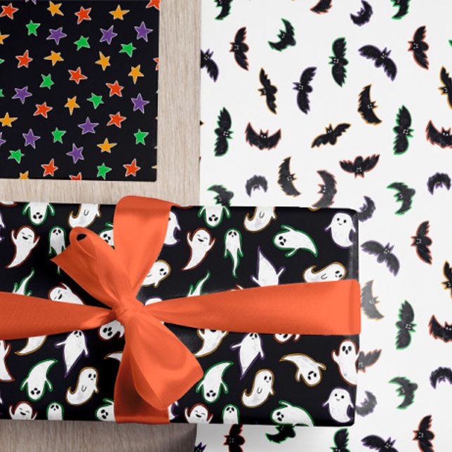 Mixed Halloween Patterns Ghost Bats Stars Wrapping Paper Sheets (Creator Uploaded)