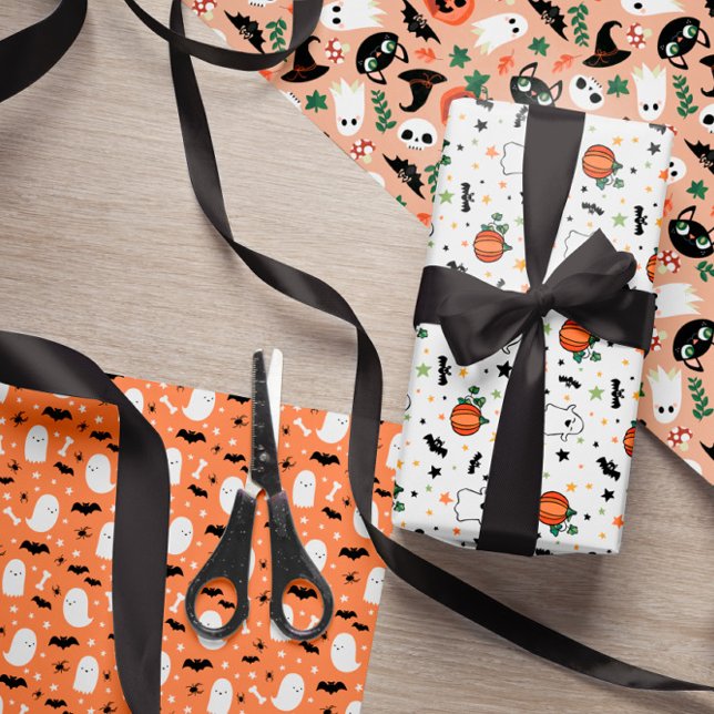 Mixed Halloween Patterns Ghost Pumpkins Bats Wrapping Paper Sheets (Creator Uploaded)