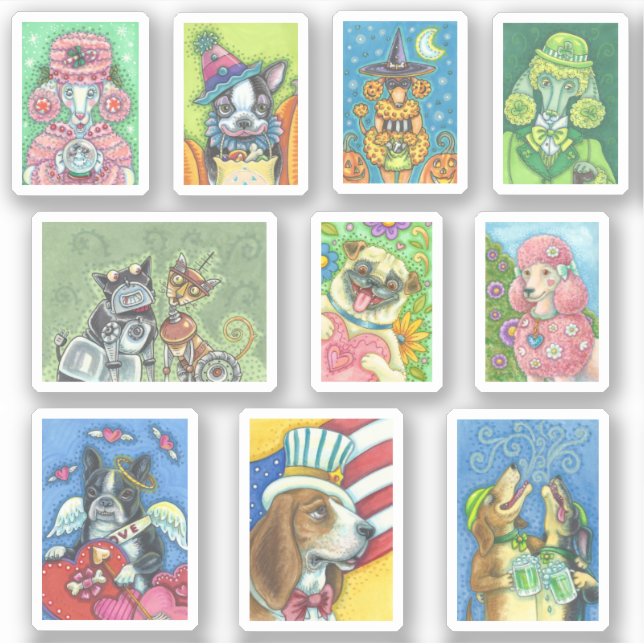 MIXED HOLIDAY DOGS ROBOT BOSTON POODLE HOUND PUG STICKER (Front)