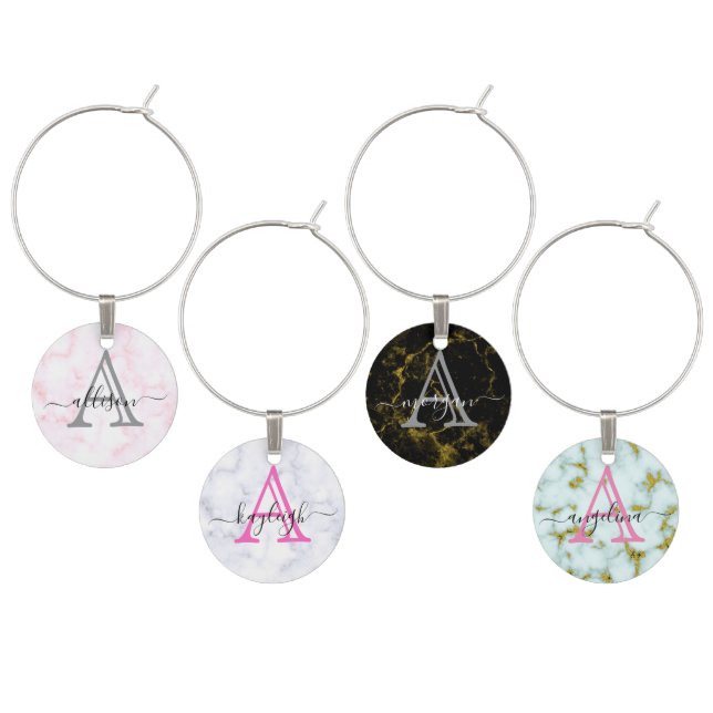 Mixed Marble Monogram Script Name Wine Charm (Staggered)