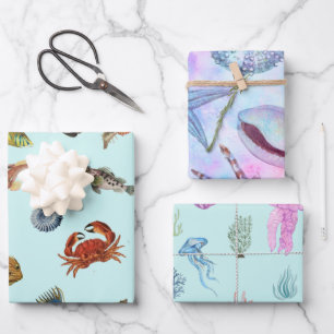 Mixed Marine Life Fish, Shells, Crab, Jellyfish Wrapping Paper Sheets