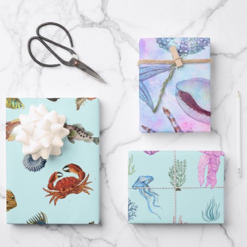 Mixed Marine Life Fish Shells Crab Jellyfish Wrapping Paper Sheets