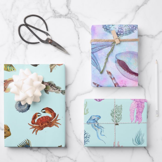 Mixed Marine Life Fish, Shells, Crab, Jellyfish Wrapping Paper Sheets (Front)