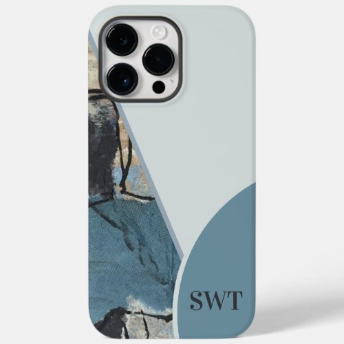 Mixed Media Abstract Gray Blue Initial Monogram Case_Mate iPhone 14 Pro Max Case