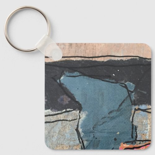 Mixed Media Abstract Gray Grey Blue QR Code Keychain