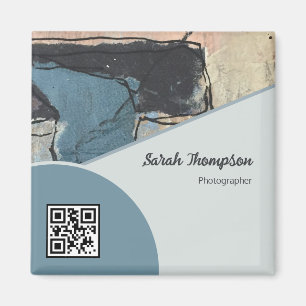 Mixed Media Abstract Gray Grey Blue QR Code Magnet