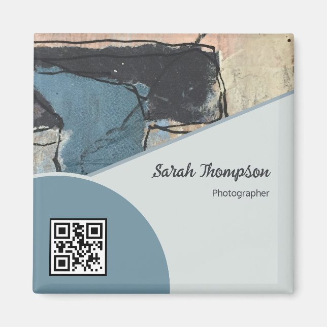 Mixed Media Abstract Gray Grey Blue QR Code Magnet (Front)