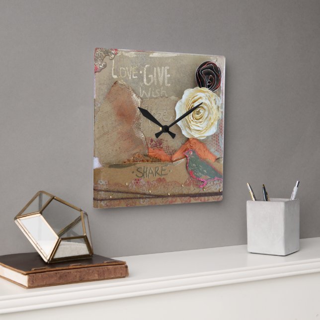 Mixed Media Art Quote Flowers  Square Wall Clock (Office)