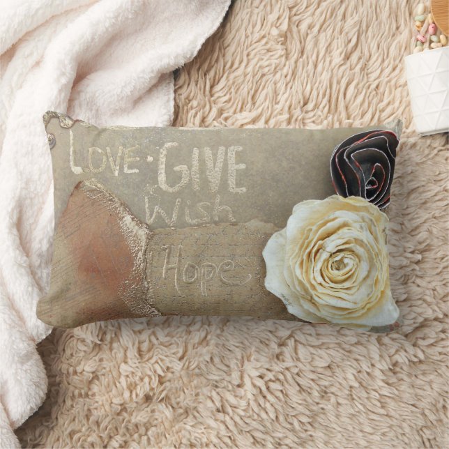 Mixed Media Art Saying Love Give Hope Lumbar Pillow (Blanket)