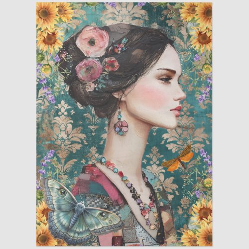 Mixed Media Beautiful Woman Face Art Collage  Tissue Paper