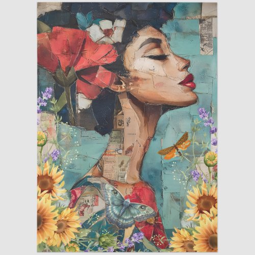 Mixed Media Beautiful Woman Face Art Collage Tissue Paper