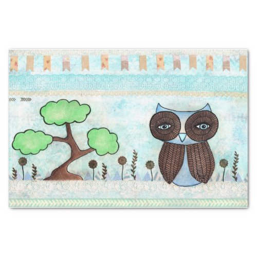 Mixed Media Blue Owl Art Print Tissue Paper