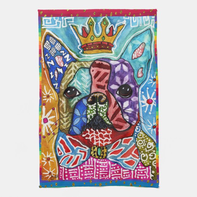 Mixed Media Boston Terrier Dog Kitchen Towel (Vertical)