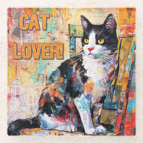 Mixed Media Cat Lover Glass Coaster