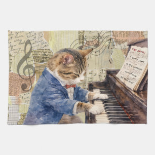 Mixed Media Cat Playing the Piano Kitchen Towel
