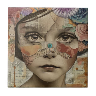 Mixed Media Collage Portrait Art (10) Ceramic Tile