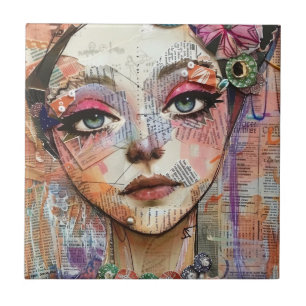 Mixed Media Collage Portrait Art (11) Ceramic Tile