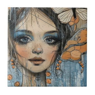 Mixed Media Collage Portrait Art (12) Ceramic Tile