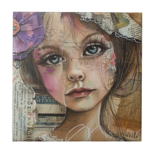Mixed Media Collage Portrait Art (1) Ceramic Tile