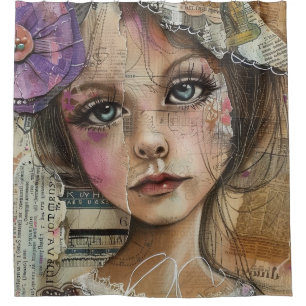 Mixed Media Collage Portrait Art (1) Shower Curtain