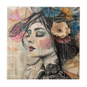 Mixed Media Collage Portrait Art (2) Ceramic Tile