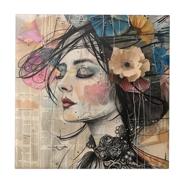 Mixed Media Collage Portrait Art (2) Ceramic Tile (Front)