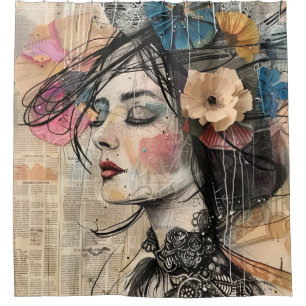 Mixed Media Collage Portrait Art (2) Shower Curtain