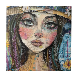 Mixed Media Collage Portrait Art (3) Ceramic Tile