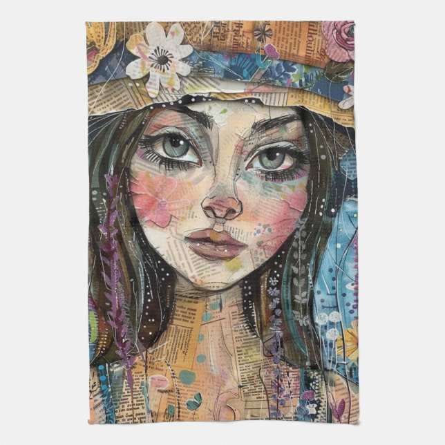 Mixed Media Collage Portrait Art (3) Kitchen Towel (Vertical)