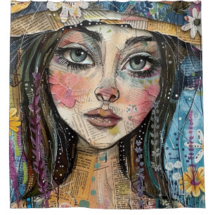 Mixed Media Collage Portrait Art (3) Shower Curtain