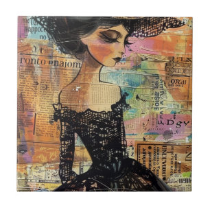 Mixed Media Collage Portrait Art (4) Ceramic Tile