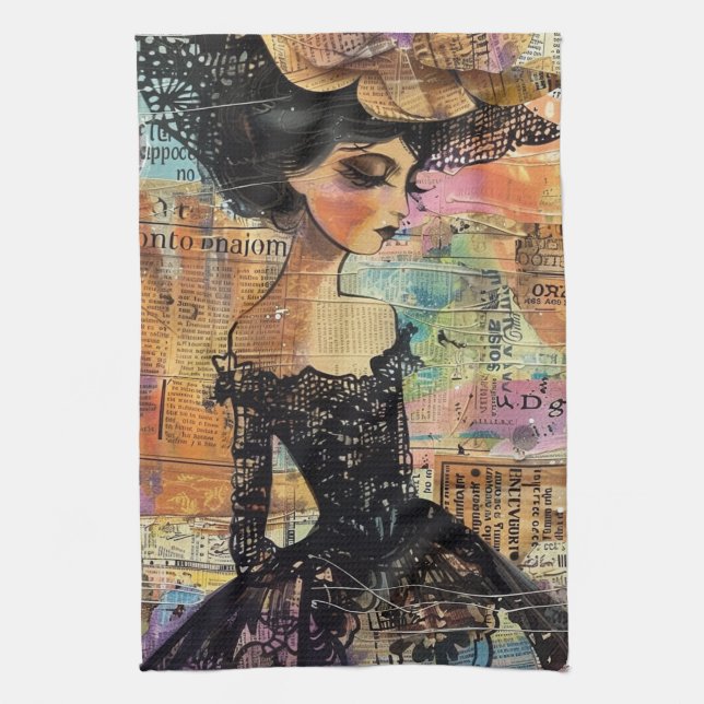 Mixed Media Collage Portrait Art (4) Kitchen Towel (Vertical)
