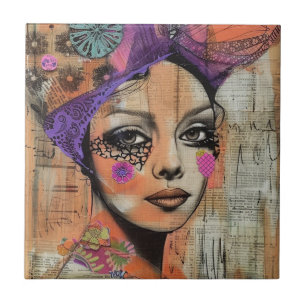 Mixed Media Collage Portrait Art (5) Ceramic Tile