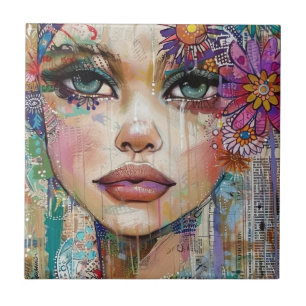 Mixed Media Collage Portrait Art (6) Ceramic Tile