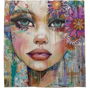 Mixed Media Collage Portrait Art (6) Shower Curtain