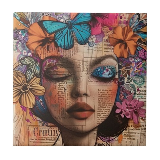 Mixed Media Collage Portrait Art (7) Ceramic Tile (Front)