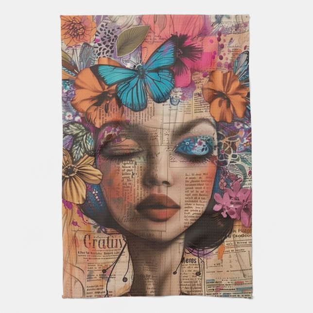 Mixed Media Collage Portrait Art (7) Kitchen Towel (Vertical)